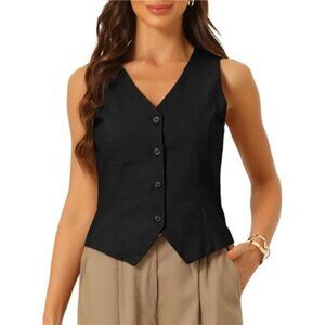 Women Linen Sleeveless Button Down V Neck Black
